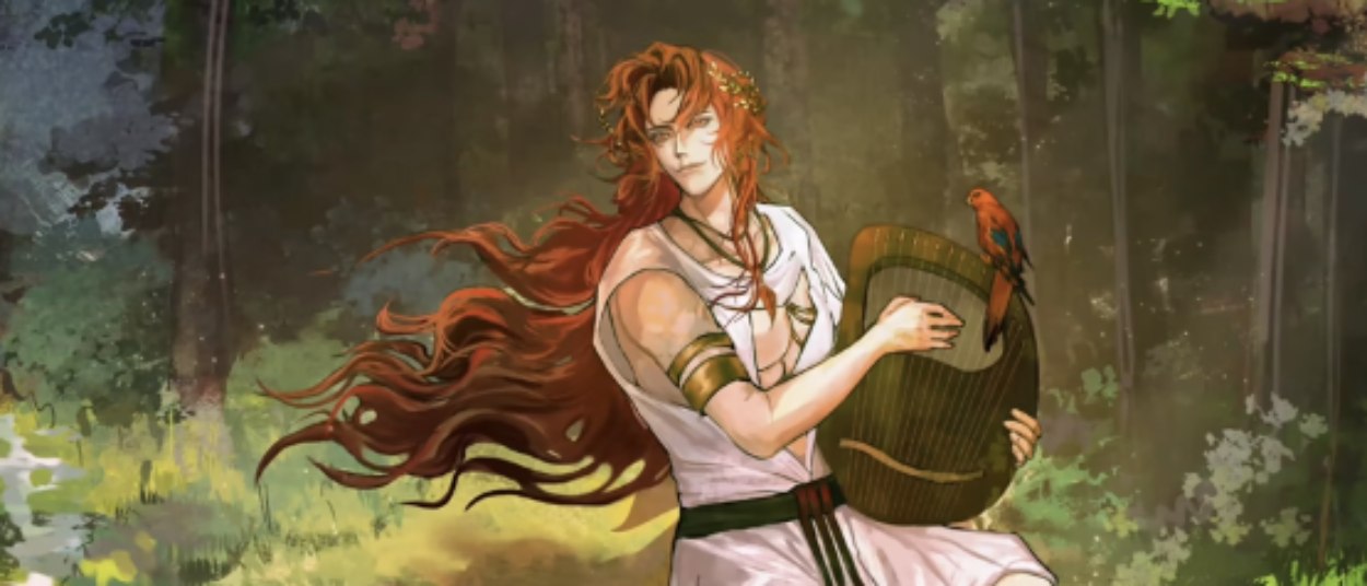Ein langhaariger rothaariger Mann sitzt mit einer Leier in einer grünen Waldlandschaft, während ein kleiner roter Vogel auf dem Instrument sitzt.