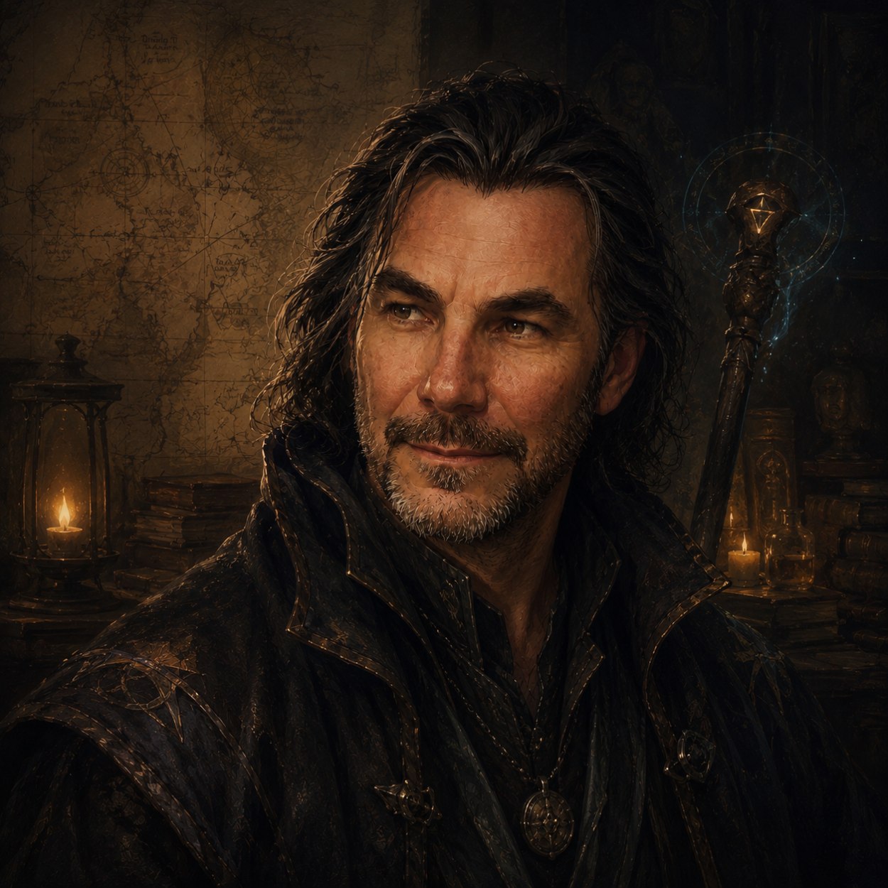 Gemaltes Portrait des Fantasyautors Boris von Eisenberg als langhaariger Kriegsmagier vor alten Karten, Büchern und einem dezent leuchtenden Magierstab.