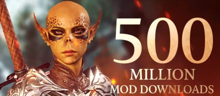Lae’zel steht in silberner Rüstung vor einem rot glühenden Hintergrund. Neben ihr steht in großen hellen Ziffern die Zahl 500 Millionen Mod-Downloads.