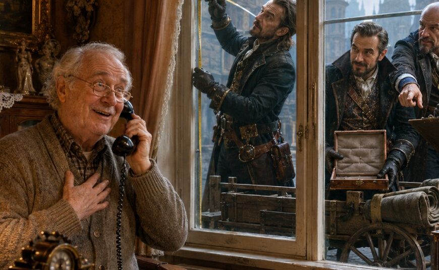 Ein älterer Mann telefoniert in seinem Wohnzimmer, während vor dem Fenster mehrere zwielichtige Fantasy-Händler mit Kisten und einem Handwagen auf seine Antiquitäten warten.
