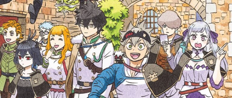 Asta steht lächelnd im Zentrum einer Gruppe aus mehreren Black-Clover-Figuren vor hellen steinernen Gebäuden und grünen Bäumen.