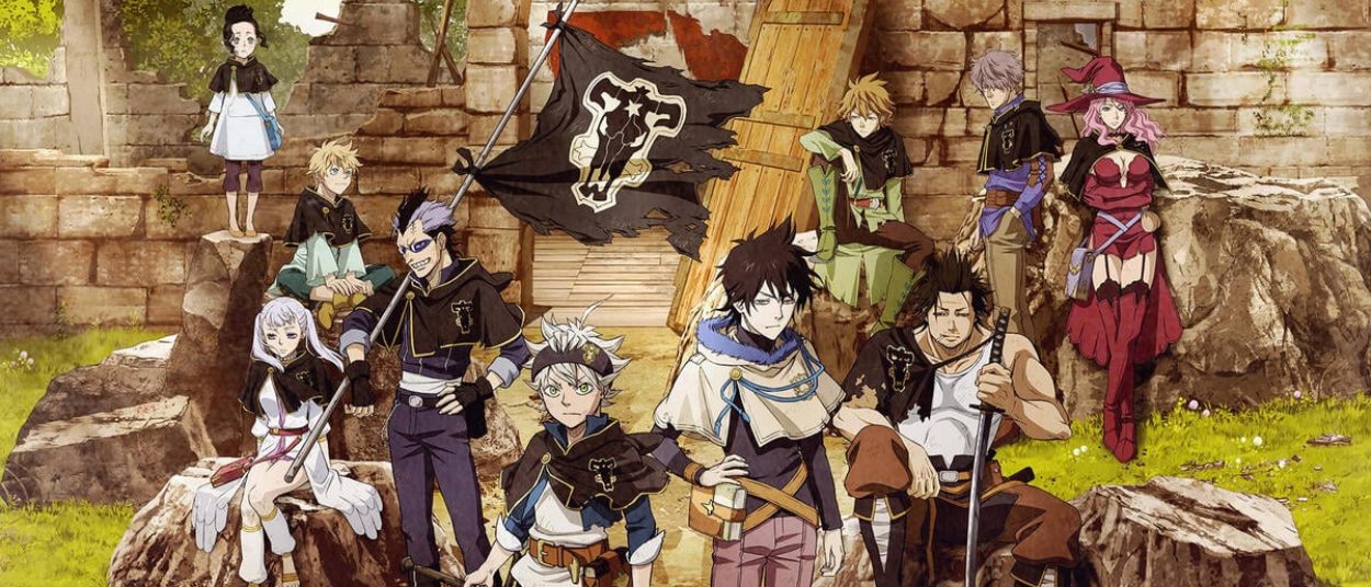 Mehrere Figuren aus Black Clover stehen gemeinsam vor den Ruinen eines alten Steingebäudes, während hinter ihnen eine schwarze Fahne im Wind hängt.