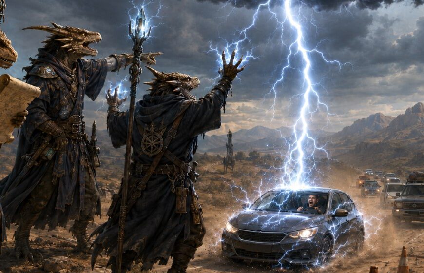 Eine staubige Straße führt durch eine koboldische Landschaft, während ein schnelles Auto von einem Blitz getroffen wird. Auf einem Hügel stehen drei Elementarmagier und lenken ein Gewitter über die Strecke.