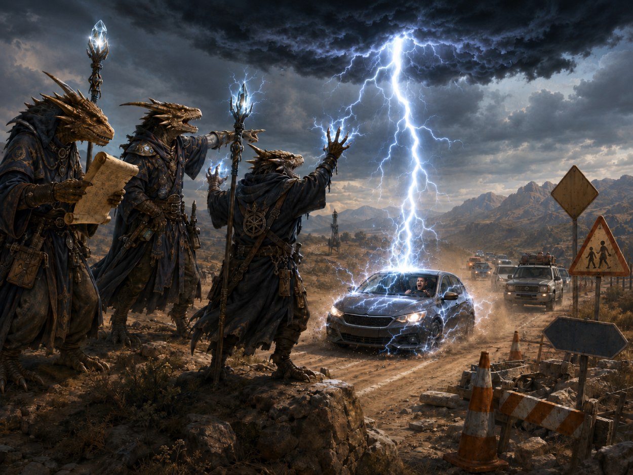 Eine staubige Straße führt durch eine koboldische Landschaft, während ein schnelles Auto von einem Blitz getroffen wird. Auf einem Hügel stehen drei Elementarmagier und lenken ein Gewitter über die Strecke.