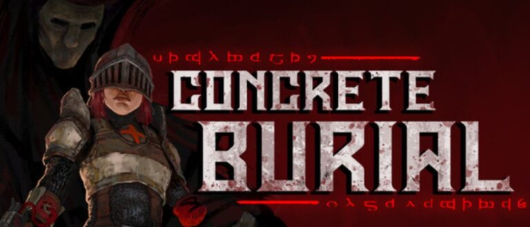 Eine gepanzerte Ritterin steht vor einer dunklen, maskenhaften Gestalt neben dem blutbefleckten Schriftzug CONCRETE BURIAL.