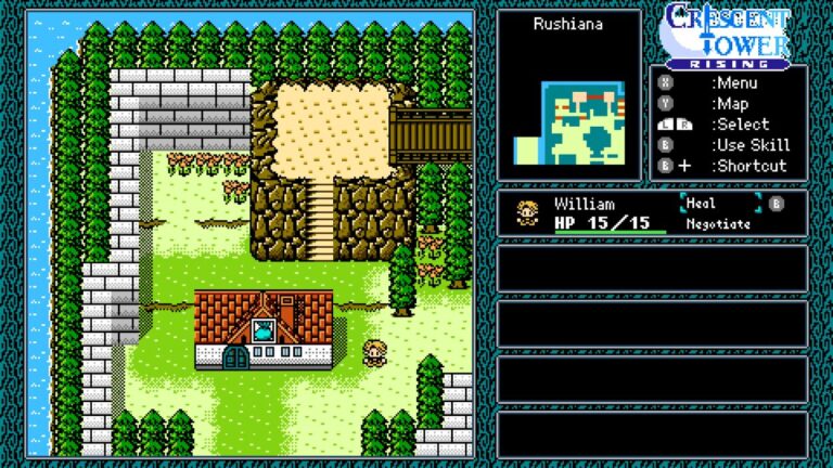 8-Bit-Spielszene aus Crescent Tower: RISING mit einer kleinen Fantasyfigur vor Häusern, Mauern und Wäldern; rechts sind Charakterporträt, Lebenspunkte und Befehle wie Karte, Skill und Heilung eingeblendet.