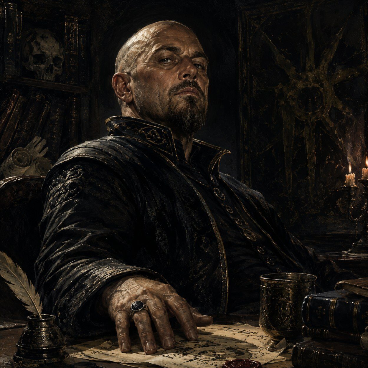 Gemaltes Portrait des kahlköpfigen Fantasykosmos-Chronisten Thalakor mit dunklem Bart und schwarzer Robe an einem Schreibtisch mit Büchern, Pergamenten, Feder und Kerzen.