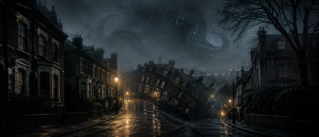 Eine nächtliche Londoner Wohnstraße verschwindet im Nebel, während Häuser und Straßen in der Ferne zunehmend unmögliche geometrische Formen annehmen.