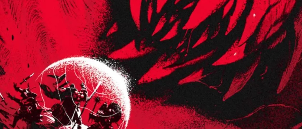 Eine kleine Gruppe bewaffneter Fantasy-Abenteurer steht vor einem gewaltigen roten Monster mit zahlreichen schwarzen Augen und riesigen Klauen.