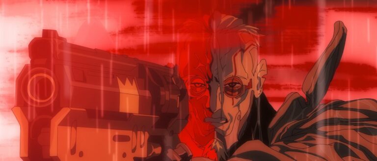 Ein älterer Cyberpunk mit Narben und teilweise sichtbaren Implantaten richtet im roten Licht eine große futuristische Schusswaffe direkt nach vorn.