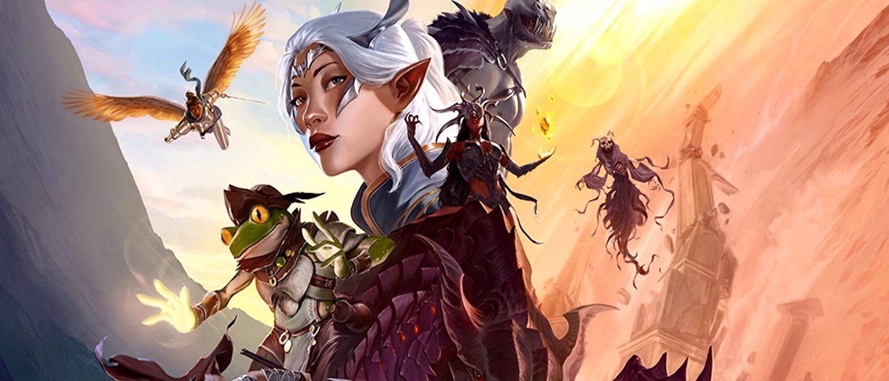 Eine weißhaarige Elfe steht im Zentrum einer Gruppe aus Fantasyfiguren. Neben ihr sind eine anthropomorphe Froschgestalt, ein bärtiger Krieger, eine geflügelte Kämpferin und mehrere düstere Wesen vor einer felsigen Landschaft zu sehen.