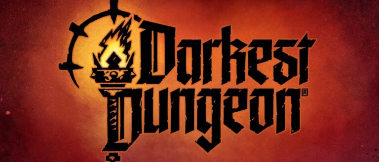 Das schwarze Darkest-Dungeon-Logo mit stilisierter Fackel steht auf einem rot-orange leuchtenden, strukturierten Hintergrund.