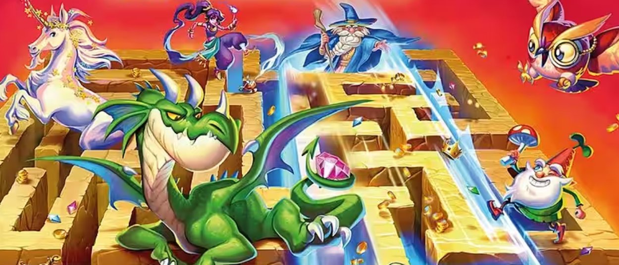 Die Spielschachtel von Das verrückte Labyrinth zeigt ein goldenes verschlungenes Labyrinth mit einem grünen Drachen und mehreren fantastischen Kreaturen auf rotem und gelbem Hintergrund.