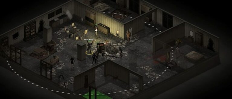Mehrere bewaffnete Überlebende durchsuchen nachts ein verfallenes Gebäude, während Zombies durch die dunklen Räume und über die umliegenden Straßen streifen.