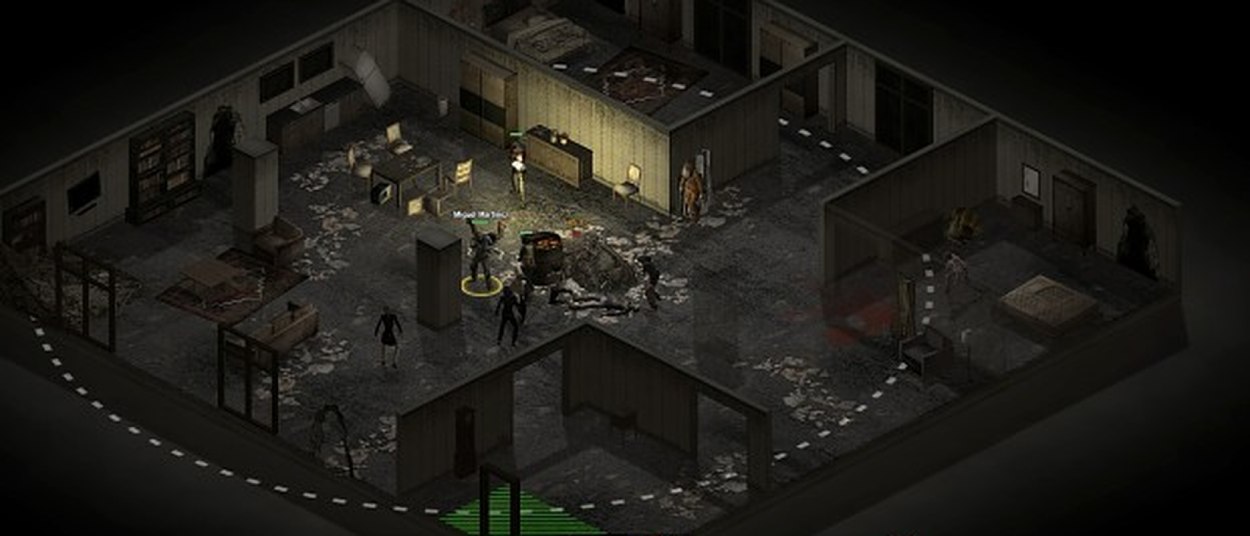 Mehrere bewaffnete Überlebende durchsuchen nachts ein verfallenes Gebäude, während Zombies durch die dunklen Räume und über die umliegenden Straßen streifen.