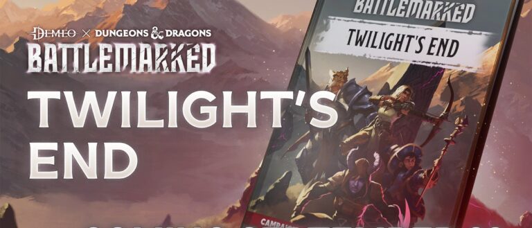 Offizielles Artwork zu Twilight’s End mit einer Heldengruppe vor einer Berglandschaft und dem aufgeschlagenen Battlemarked-Abenteuerbuch.