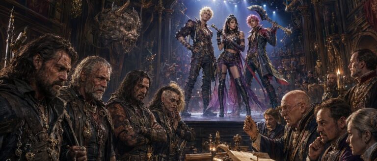 In einer düsteren Fantasy-Gerichtshalle diskutieren erschöpfte Dämonenjäger mit Schriftrollen und Waffen vor elegant gekleideten Beamten, während im Hintergrund eine glamouröse Dämonenjägerinnen-Gruppe wie ein Bühnenphänomen wirkt.
