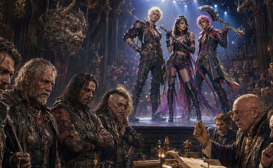 In einer düsteren Fantasy-Gerichtshalle diskutieren erschöpfte Dämonenjäger mit Schriftrollen und Waffen vor elegant gekleideten Beamten, während im Hintergrund eine glamouröse Dämonenjägerinnen-Gruppe wie ein Bühnenphänomen wirkt.