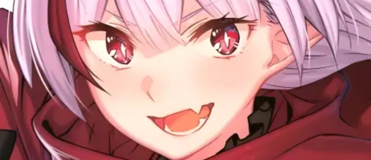 Ein Vampirmädchen mit kurzen weiß-rosa Haaren, spitzen Ohren, roten Augen und sichtbaren Eckzähnen hält eine dunkle violette Klinge vor sich.