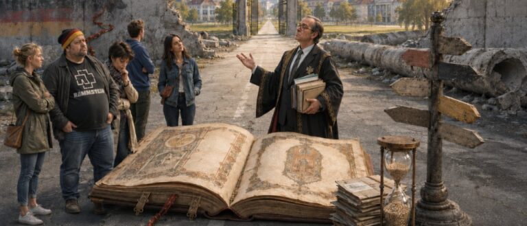Vor den Resten einer eingestürzten Mauer blockiert ein riesiges altes Buch den Weg in ein modernes Berlin. Ein bürokratisch gekleideter Chronist erklärt einer kleinen Gruppe den offenbar noch immer laufenden Übergang, während Sand aus einer großen Uhr rieselt.