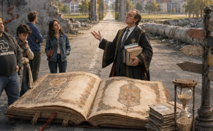 Vor den Resten einer eingestürzten Mauer blockiert ein riesiges altes Buch den Weg in ein modernes Berlin. Ein bürokratisch gekleideter Chronist erklärt einer kleinen Gruppe den offenbar noch immer laufenden Übergang, während Sand aus einer großen Uhr rieselt.