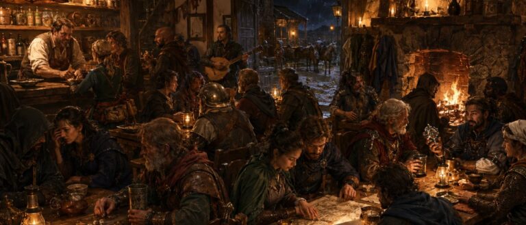 Lebhafte Fantasytaverne mit Reisenden, Händlern, Söldnern und Musikern an langen Holztischen bei warmem Feuer- und Kerzenlicht.
