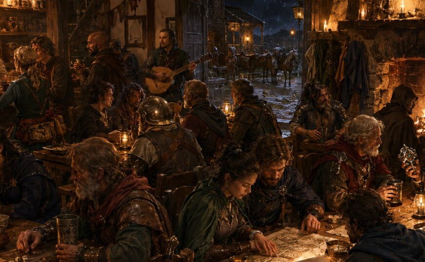 Lebhafte Fantasytaverne mit Reisenden, Händlern, Söldnern und Musikern an langen Holztischen bei warmem Feuer- und Kerzenlicht.