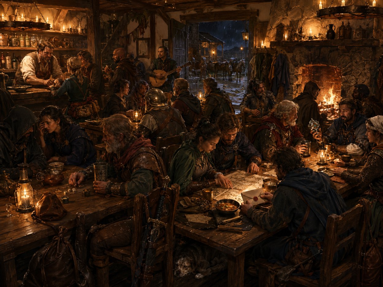 Lebhafte Fantasytaverne mit Reisenden, Händlern, Söldnern und Musikern an langen Holztischen bei warmem Feuer- und Kerzenlicht.