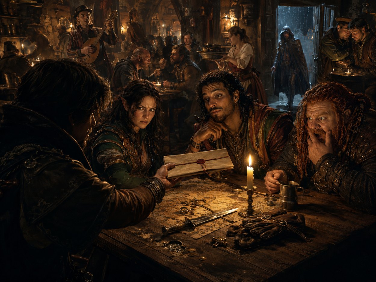 Schmied setzt die Bruchstücke eines alten Fantasy-Schwertes im Feuer neu zusammen, während Erinnerungen früherer Träger im Rauch erscheinen.