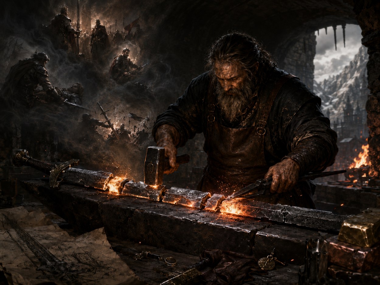 Schmied setzt die Bruchstücke eines alten Fantasy-Schwertes im Feuer neu zusammen, während Erinnerungen früherer Träger im Rauch erscheinen.