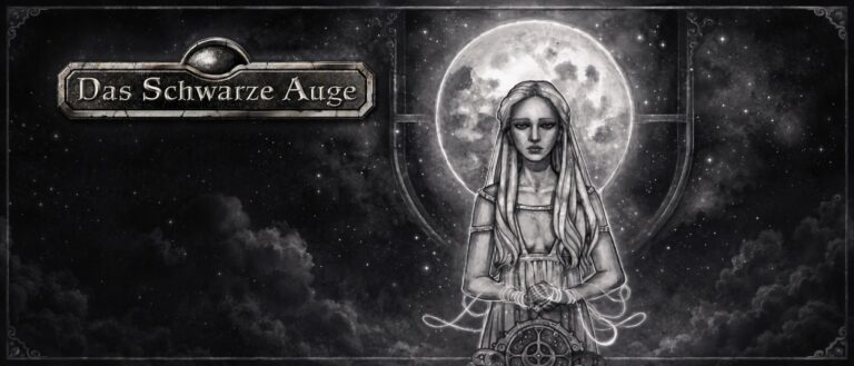 Das Schwarze-Auge-Logo steht links vor einem dunklen Sternenhimmel. Rechts ist eine blasse, langhaarige Frau frontal vor einem großen Vollmond zu sehen; vor ihr befindet sich ein rundes, ornamentales Symbol.