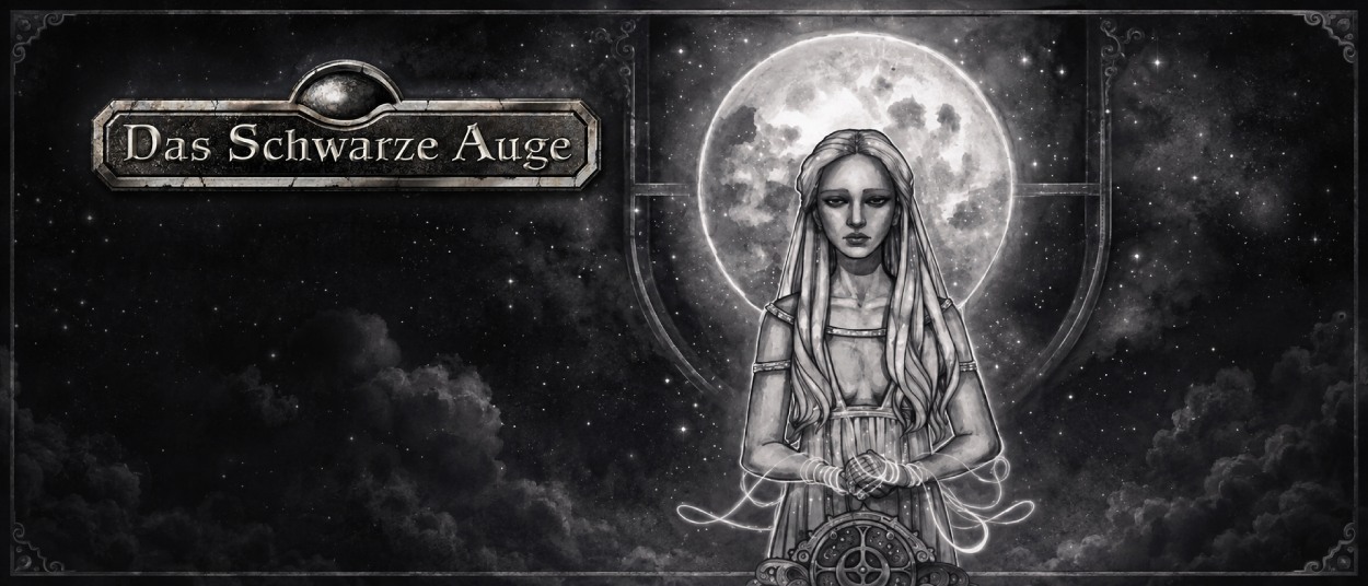 Das Schwarze-Auge-Logo steht links vor einem dunklen Sternenhimmel. Rechts ist eine blasse, langhaarige Frau frontal vor einem großen Vollmond zu sehen; vor ihr befindet sich ein rundes, ornamentales Symbol.