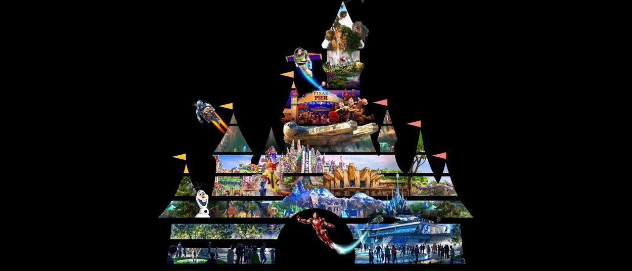 Auf schwarzem Hintergrund bildet eine Collage aus Themenpark- und Filmwelten die Silhouette eines Disney-Schlosses; zu sehen sind unter anderem Buzz Lightyear, Olaf, Iron Man, der Millennium Falcon und Bereiche aus Avatar, Frozen und Zootopia.