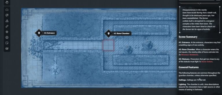 Die D&D-Beyond-Oberfläche zeigt eine blaue Dungeonkarte mit mehreren markierten Szenenpunkten; rechts ist eine Seitenleiste mit vorbereiteten Notizen für den Dungeon Master geöffnet.