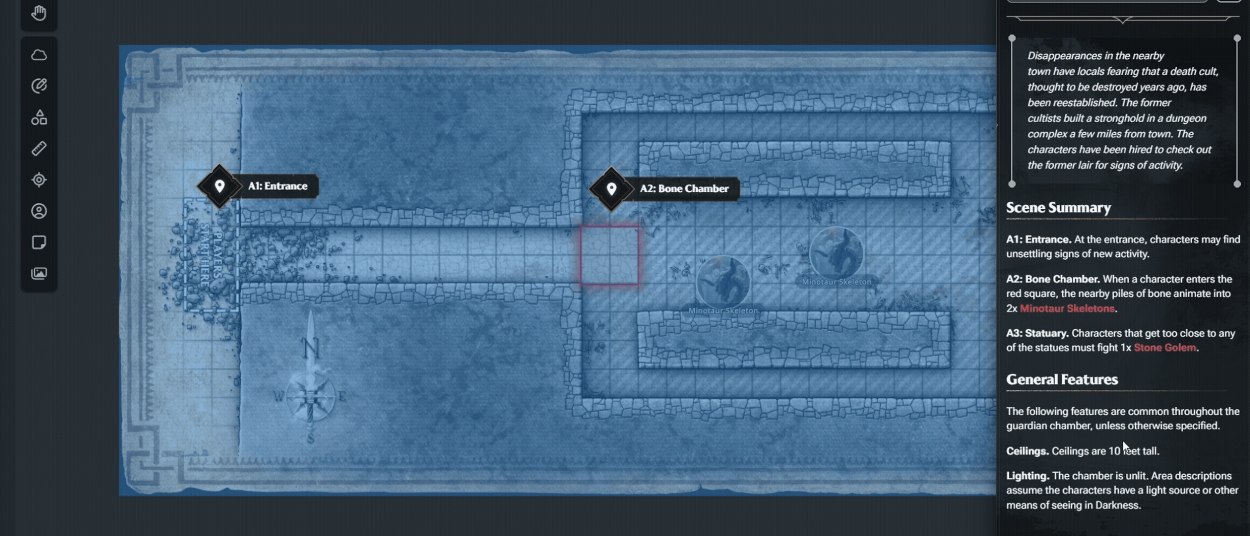 Die D&D-Beyond-Oberfläche zeigt eine blaue Dungeonkarte mit mehreren markierten Szenenpunkten; rechts ist eine Seitenleiste mit vorbereiteten Notizen für den Dungeon Master geöffnet.