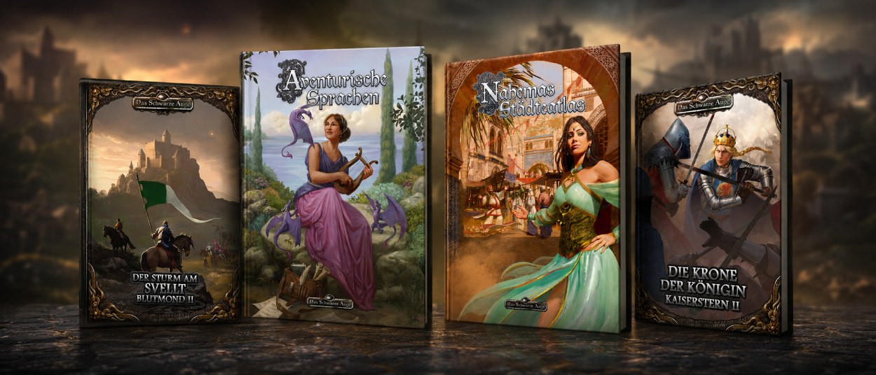Vier DSA-Buchcover stehen überlappend vor einem unscharfen Fantasy-Hintergrund; vorne sind Aventurische Sprachen und Nahemas Städteatlas zu sehen, dahinter zwei Abenteuerbände mit Reitern und Kriegsszenen.