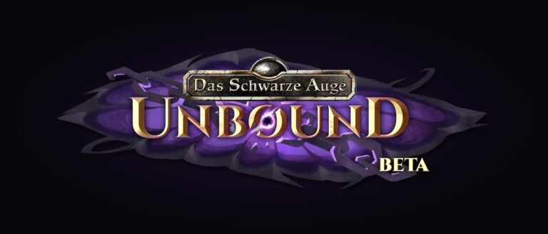 Das Logo von Das Schwarze Auge: Unbound steht in goldener Schrift vor einem dunkelvioletten magischen Hintergrund. Rechts unten ist der Hinweis „Beta“ zu sehen.