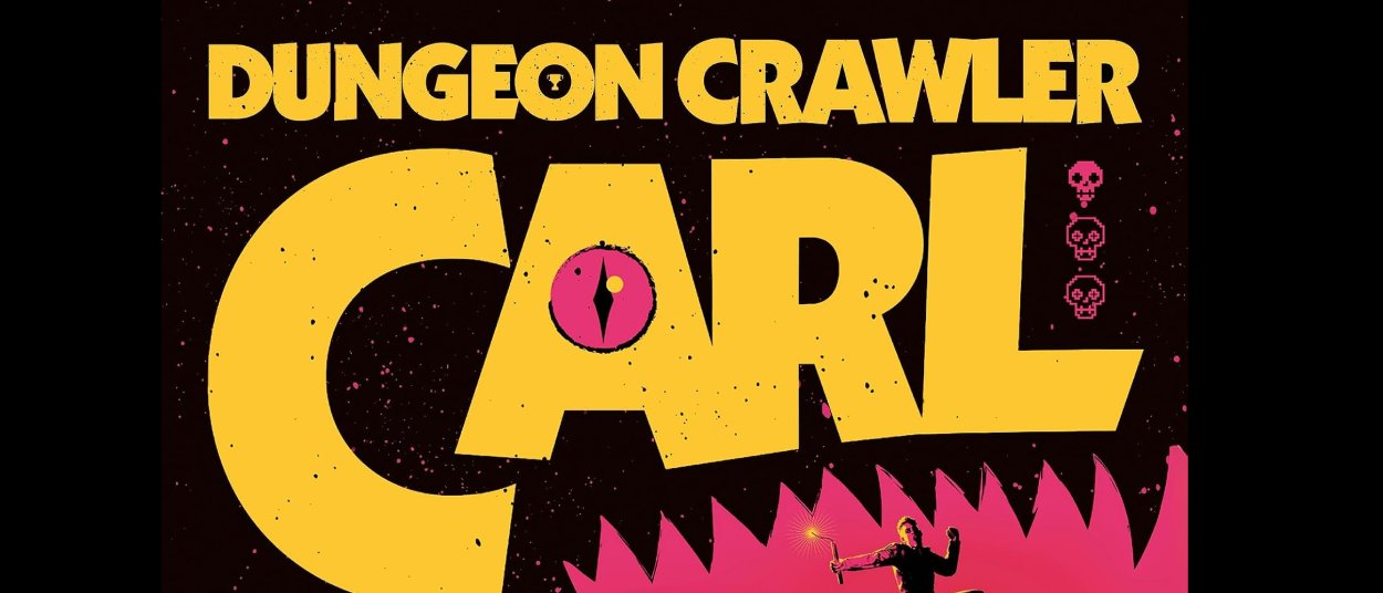 Gelber Schriftzug Dungeon Crawler Carl mit pinken Totenkopfsymbolen auf schwarzem Hintergrund aus dem offiziellen Buchcover von Matt Dinnimans Roman.