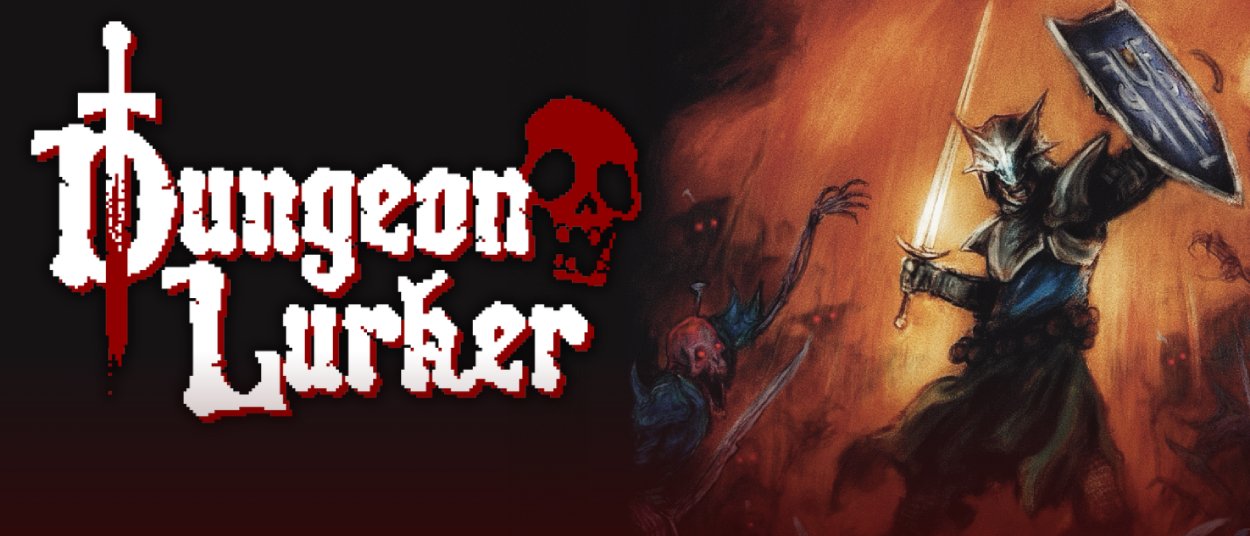 Ein gepanzerter Fantasykrieger mit goldenem Helm steht in grünlichem Licht neben dem weißen und roten Schriftzug Dungeon Lurker.