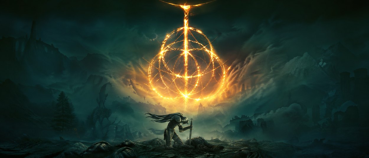 Ein gepanzerter Krieger kniet mit gesenktem Kopf an einem Schwert, während über einer zerstörten Landschaft ein riesiges goldenes Ringsymbol leuchtet.