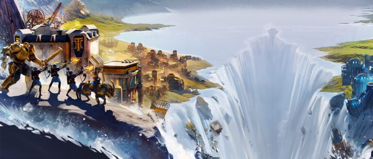 Zwei Fantasy-Armeen stehen sich an den gegenüberliegenden Rändern eines gewaltigen Wasserabgrunds gegenüber. Hinter ihnen liegen eine goldene Festungsstadt und eine blau leuchtende Siedlung.