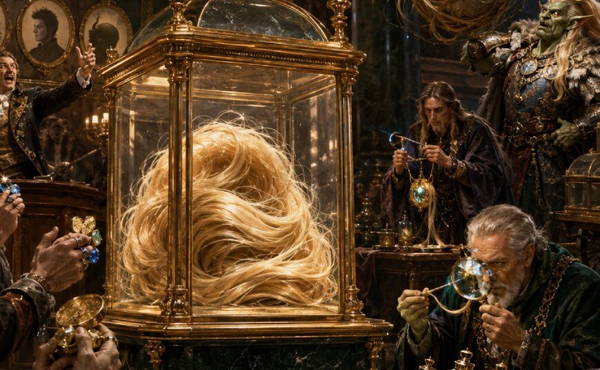 In einem prachtvollen Fantasy-Auktionshaus wird ein langer blonder Haarzopf in einer Glasvitrine präsentiert, während wohlhabende Händler und Magier begeistert darauf bieten.