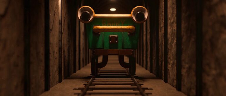 Der grüne Railcar Barry steht frontal auf Gleisen in einem dunklen, engen Tunnel. Zwei große runde Lampen wirken wie Augen, während warmes Licht auf die Metallwände fällt.