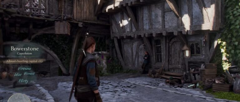 Ein Held steht in einer engen Straße von Bowerstone, umgeben von Fachwerkhäusern, Bewohnern und Geschäften in Fable.