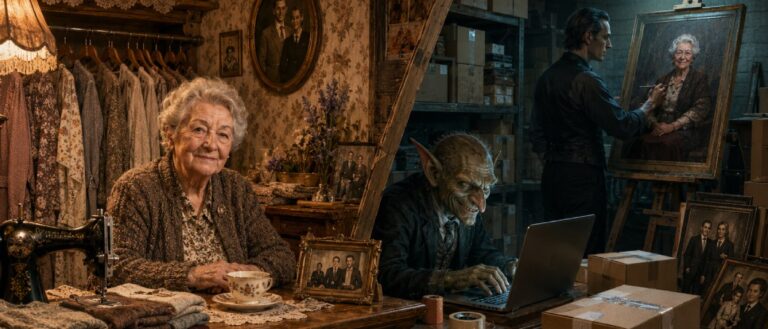 Eine ältere Frau sitzt in einem gemütlichen traditionellen Ladengeschäft vor einem Laptop, während hinter einer falschen Ladenkulisse zwielichtige Fantasy-Händler Pakete und Waren in einem großen Lagerhaus bearbeiten.