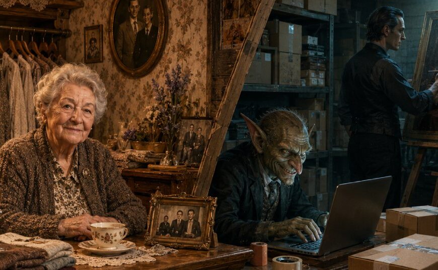 Eine ältere Frau sitzt in einem gemütlichen traditionellen Ladengeschäft vor einem Laptop, während hinter einer falschen Ladenkulisse zwielichtige Fantasy-Händler Pakete und Waren in einem großen Lagerhaus bearbeiten.