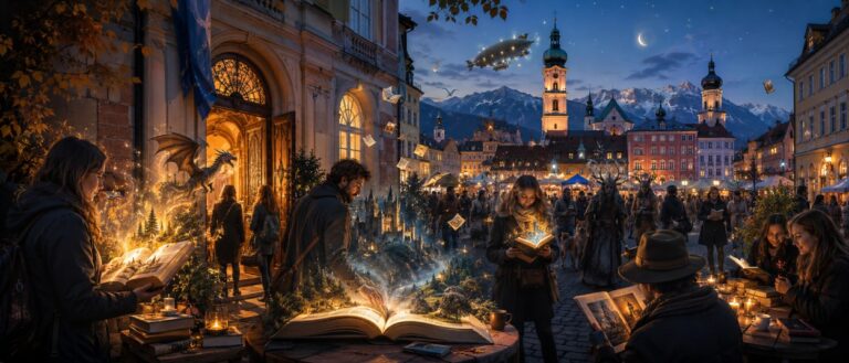 Auf einem abendlichen historischen Stadtplatz mit Alpenkulisse lesen mehrere Menschen in aufgeschlagenen Büchern, aus denen leuchtende Fantasywelten mit Drachen, Burgen und fliegenden Seiten aufsteigen.