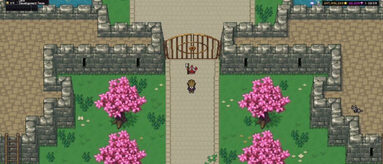 Eine Spielfigur steht in Fantasy Online 2 vor dem verschlossenen Tor einer steinernen Festung, umgeben von grünen Flächen und pink blühenden Pixelbäumen.