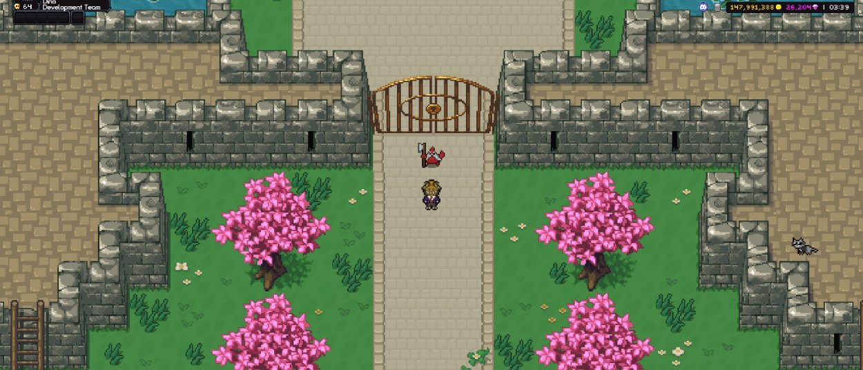 Eine Spielfigur steht in Fantasy Online 2 vor dem verschlossenen Tor einer steinernen Festung, umgeben von grünen Flächen und pink blühenden Pixelbäumen.