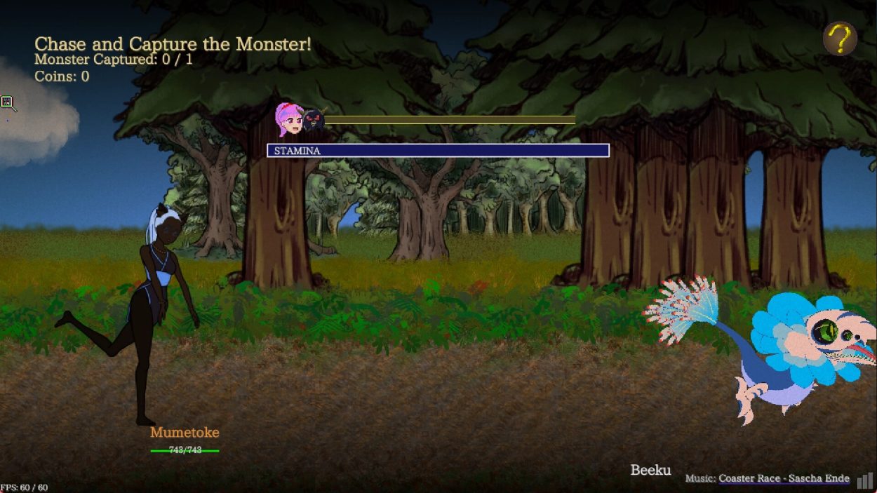 Eine Fantasyfigur verfolgt in einem Wald ein buntes vogelähnliches Monster, während Lebensenergie, Ausdauer und das Missionsziel zur Monsterjagd eingeblendet sind.